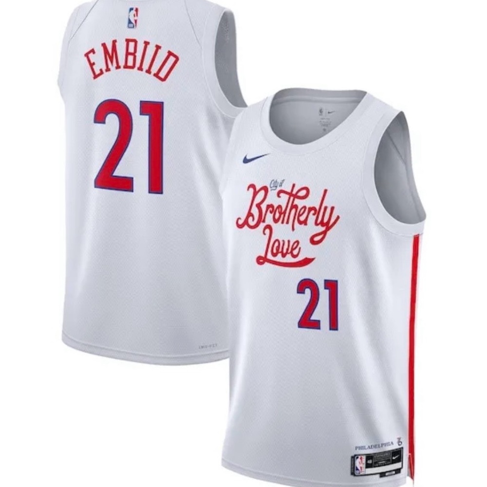 Nike Men’s Philadelphia 76ers Joel Embiid #21 White Red Basketball Jersey